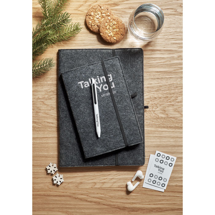 Branded A5 RPET Felt Cover Notebook in use