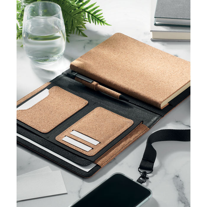 Branded A5 Cork Portfolio with Pen in use