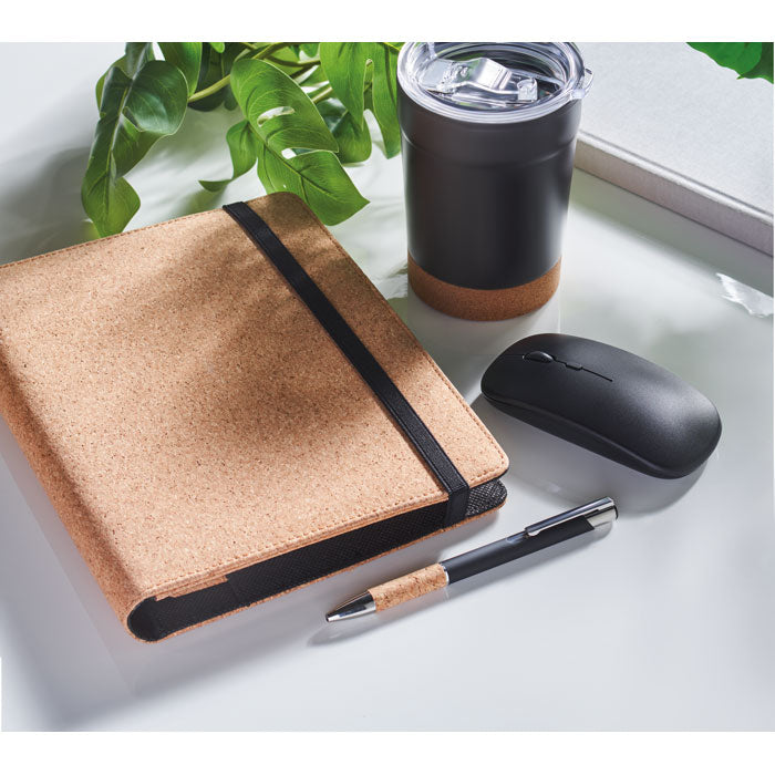 Branded A5 Cork Portfolio with Pen in use