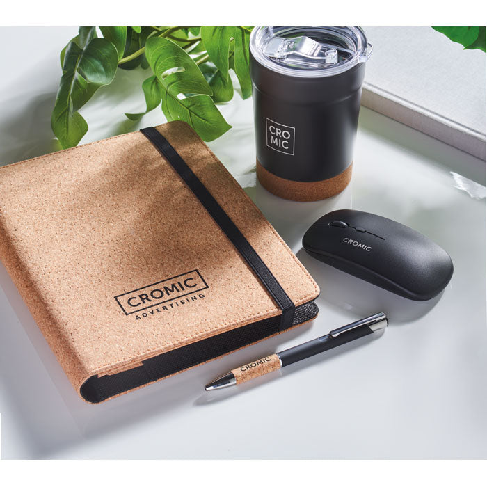Branded A5 Cork Portfolio with Pen in use
