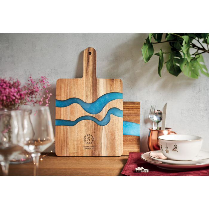 Branded Acacia Wood Serving Board with Resin Detail in use