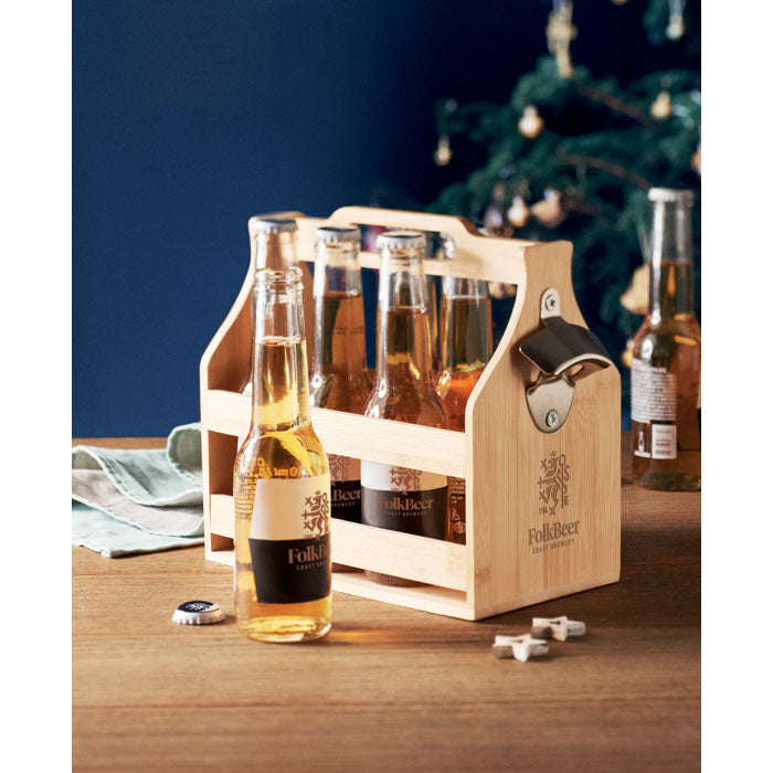 Branded Bamboo 6 Beer Crate with Bottle Opener in use