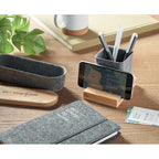 Branded Bamboo Phone Stand with Felt Pen Holder in use