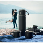 Branded vacuum flask set, in use