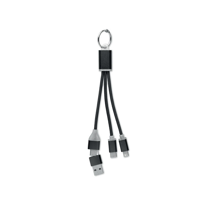 Branded 4 in 1 Aluminium Key Ring Charging Cable in Black