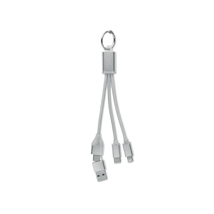 Branded 4 in 1 Aluminium Key Ring Charging Cable in Silver