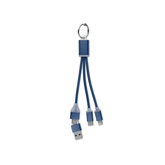 Branded 4 in 1 Aluminium Key Ring Charging Cable in Blue