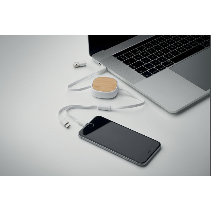Branded Bamboo Retractable Multi USB Charging Cable without branding