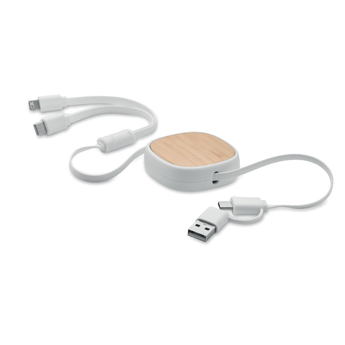Branded Bamboo Retractable Multi USB Charging Cable