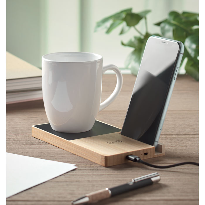 Branded Wireless Charger and Mug Warmer in use