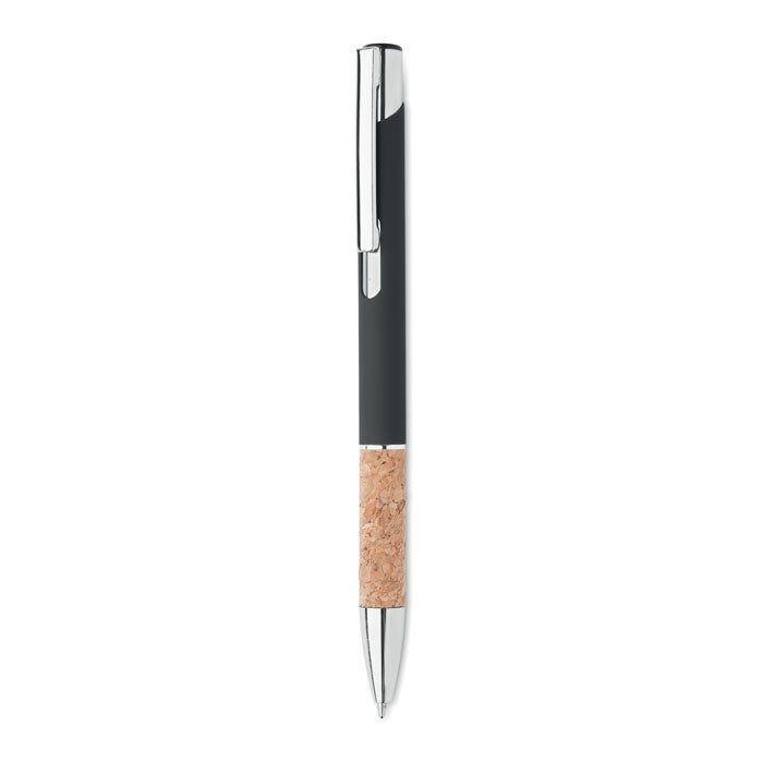 Branded Aluminium Push Button Pen with Cork Grip in Black