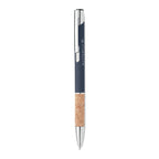 Branded Aluminium Push Button Pen with Cork Grip in Blue