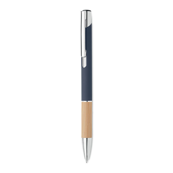 Branded Aluminium Push Button Pen with Bamboo Grip in Blue