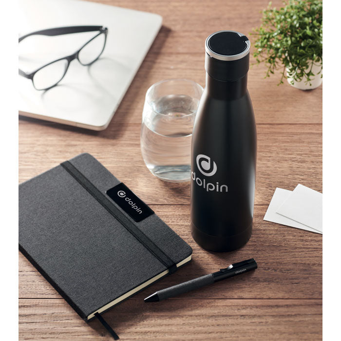 Branded Notebook, Pen and Bottle Gift Set in use