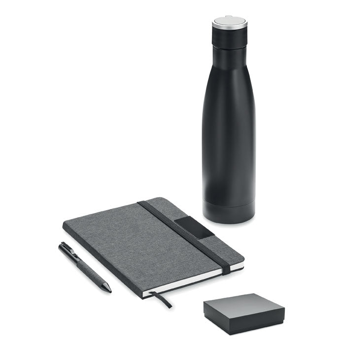 Branded notebook, pen and bottle gift set