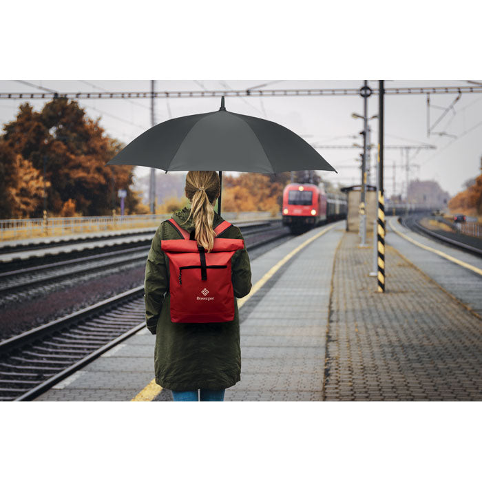 Branded 15 Inch Rolltop Backpack in use