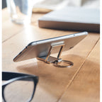 Branded Metal Key Ring Phone Stand in use