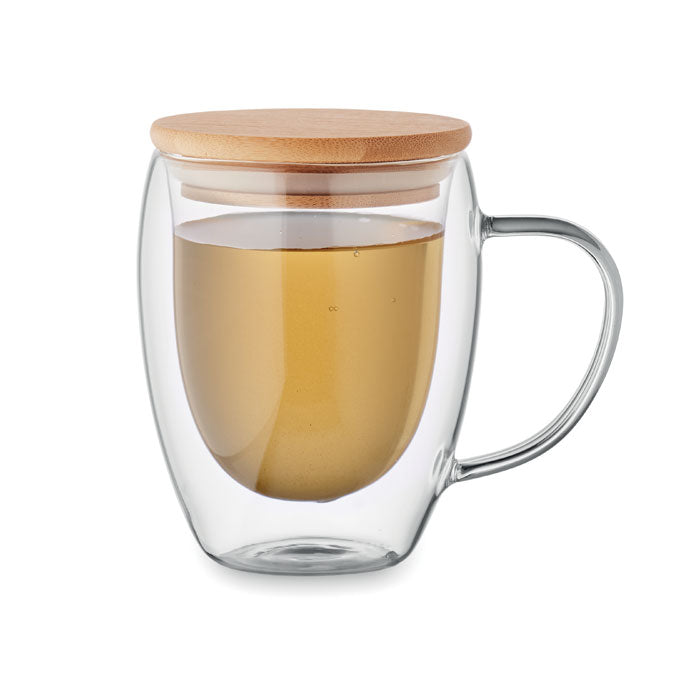 Branded Double Wall Glass Mug with Bamboo Lid - 250ml without branding