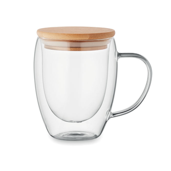 Branded double wall glass mug with bamboo lid, 250ml