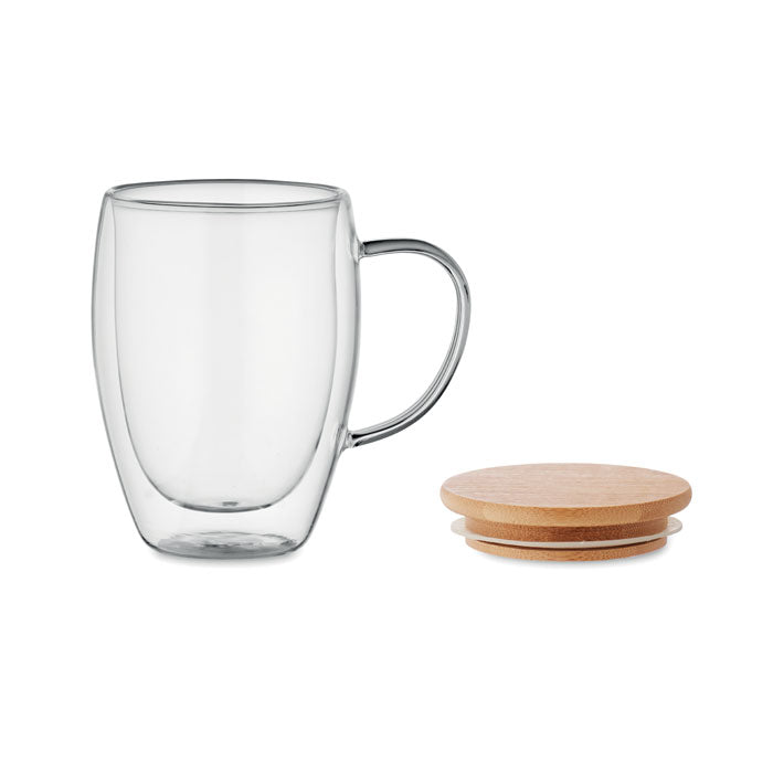 Branded double wall glass mug, back view