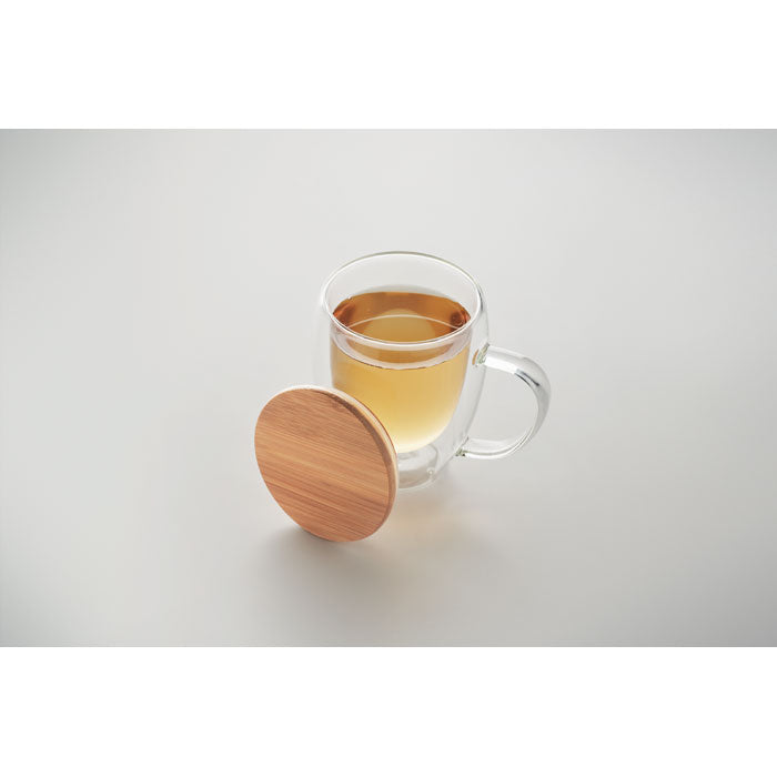 Branded Double Wall Glass Mug with Bamboo Detail - 350ml without branding
