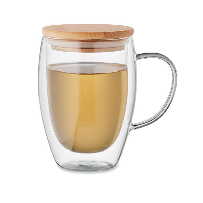Branded Double Wall Glass Mug with Bamboo Detail - 350ml without branding