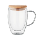 Branded double wall glass mug with bamboo detail, 350ml