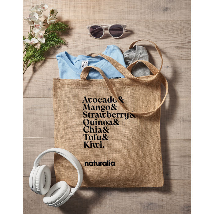 Branded Jute Long Handled Shopping Bag in use