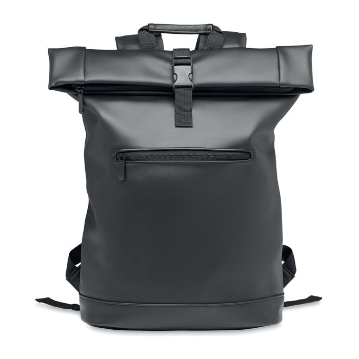 Branded Laptop PU Rolltop Backpack in Black