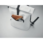 Branded Laptop PU Rolltop Backpack in use