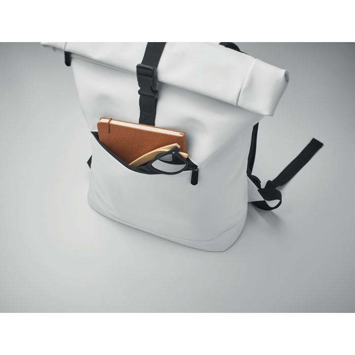 Branded Laptop PU Rolltop Backpack in use