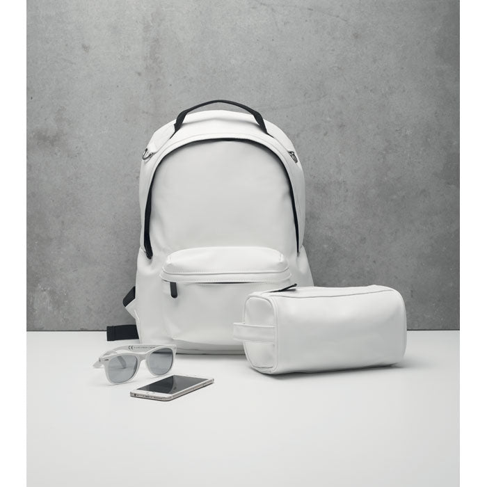 Branded 15 Inch Laptop Backpack in Soft PU in use