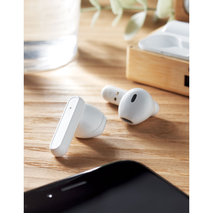 Branded Earphones in Bamboo Case in use