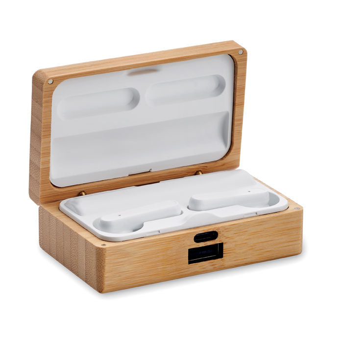 Branded Earphones in Bamboo Case without branding