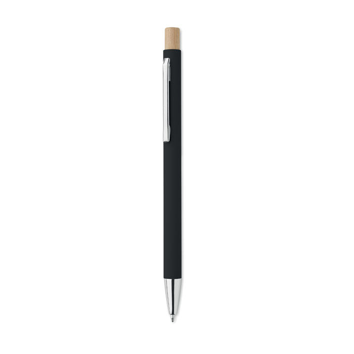 Branded Recycled Aluminium Pen with Bamboo Button and Silver Clip in Black