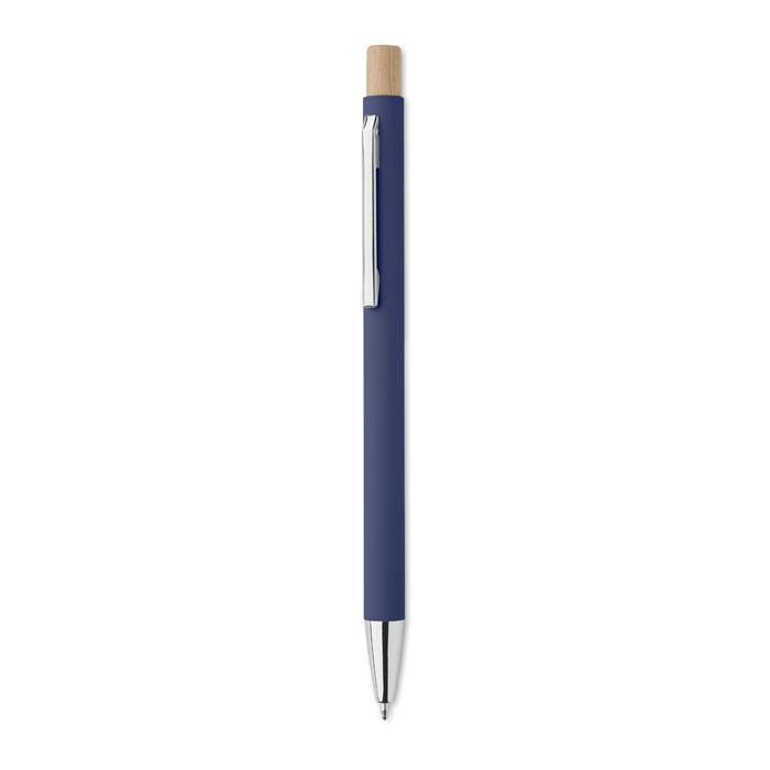Branded Recycled Aluminium Pen with Bamboo Button and Silver Clip in Blue