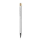Branded Recycled Aluminium Pen with Bamboo Button and Silver Clip in White