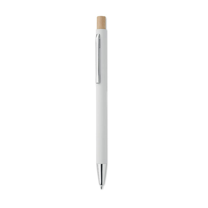 Branded Recycled Aluminium Pen with Bamboo Button and Silver Clip in White