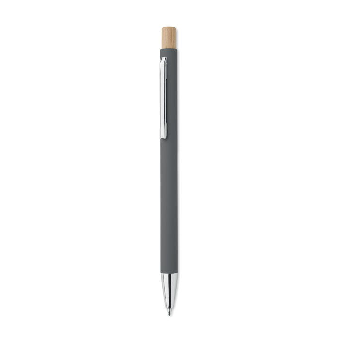 Branded Recycled Aluminium Pen with Bamboo Button and Silver Clip in Grey