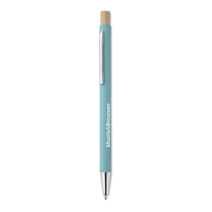Branded Recycled Aluminium Pen with Bamboo Button and Silver Clip in Blue