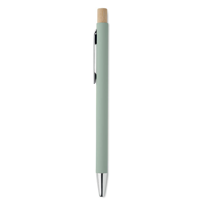 Branded Recycled Aluminium Pen with Bamboo Button and Silver Clip without branding