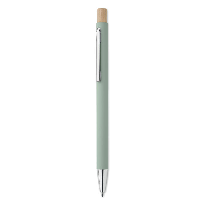 Branded recycled aluminium pen with bamboo button and silver clip