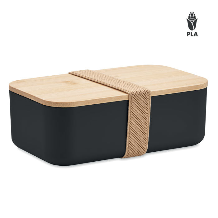 Branded PLA Corn Lunch Box with Bamboo Lid 1000ml in Black