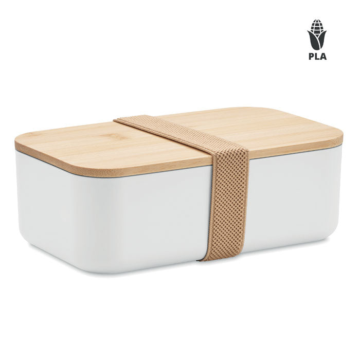 Branded PLA Corn Lunch Box with Bamboo Lid 1000ml in White