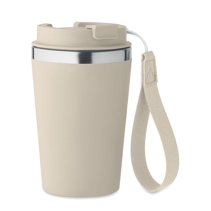 Branded recycled steel tumbler with wrist strap