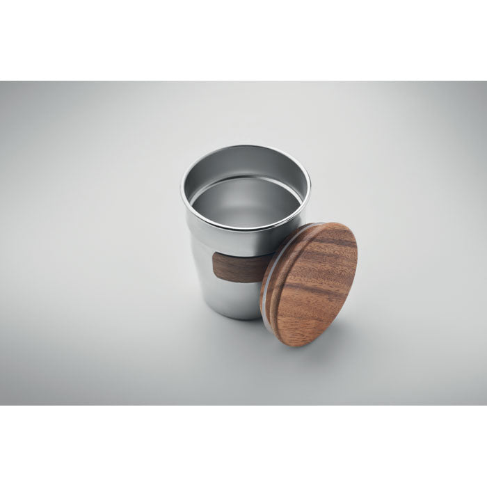Branded Steel Tumbler with Walnut Grip in use