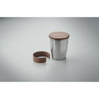 Branded steel tumbler with walnut grip, detail