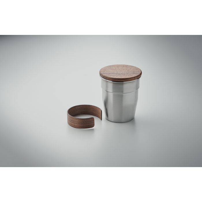Branded steel tumbler with walnut grip, detail