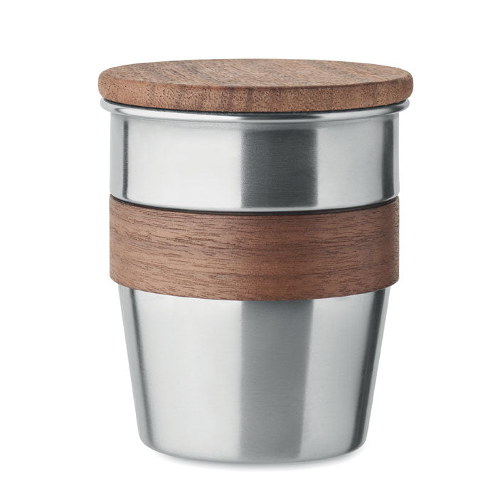 Branded steel tumbler with walnut grip