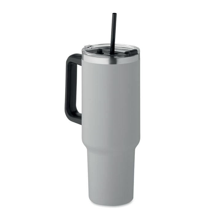 Branded Recycled Steel Tumbler with Straw - 1200ml in Grey